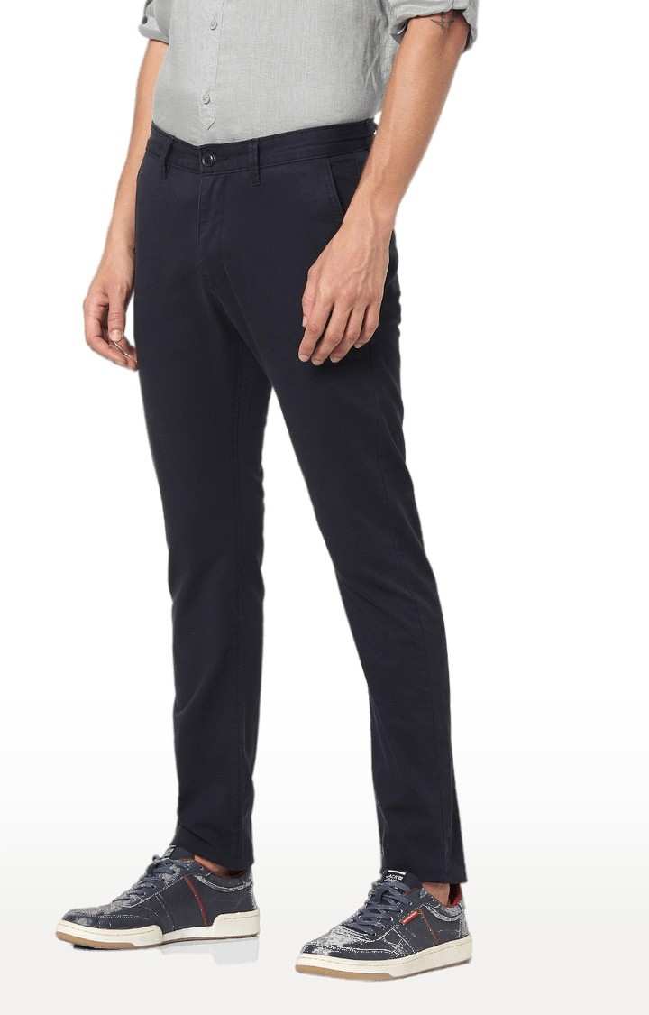 Men's Blue Cotton Blend Solid Trousers
