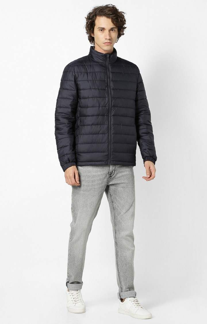 Men's Blue Solid Bomber Jackets