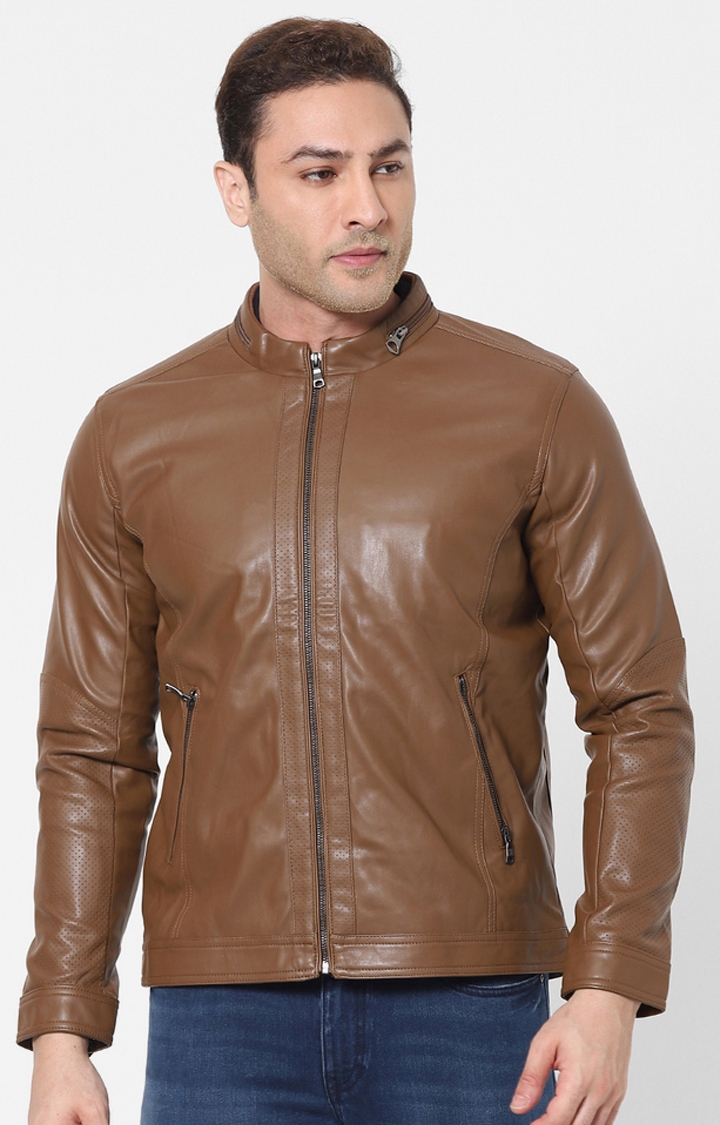 celio | Men's Brown Solid Leather Jackets