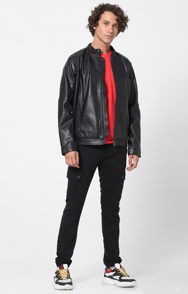 Men s Black Solid Leather Jackets celio