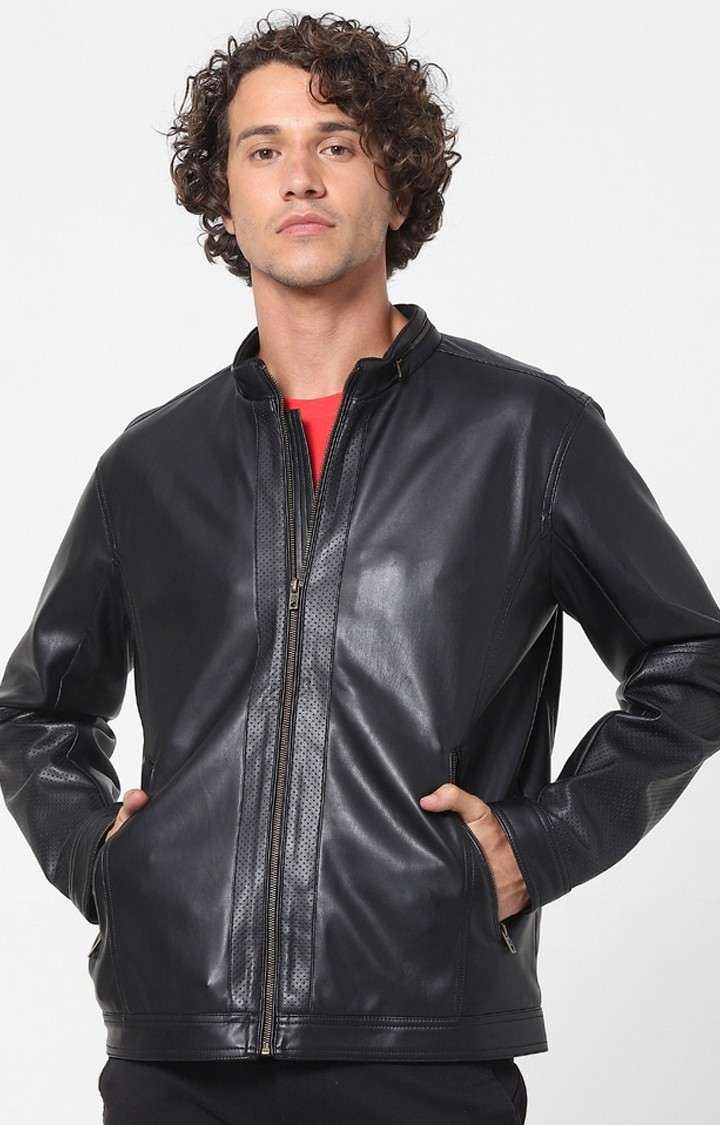 Celio black leather jacket store