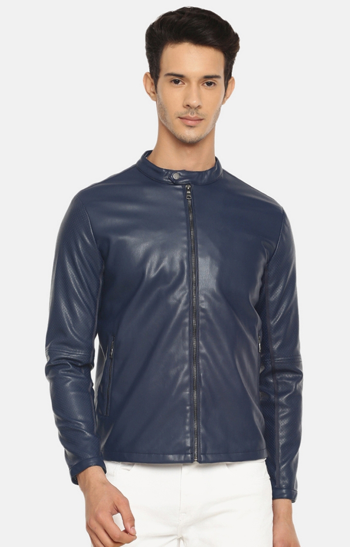 Men's Blue Solid Leather Jackets