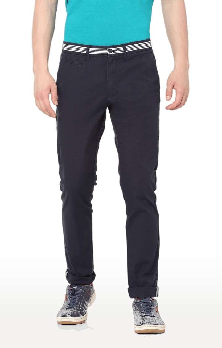 Men's Blue Cotton Solid Trousers