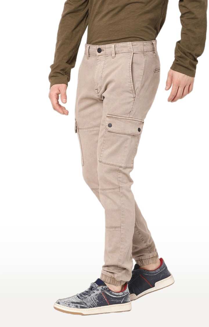 Men's Beige Cotton Solid Cargos