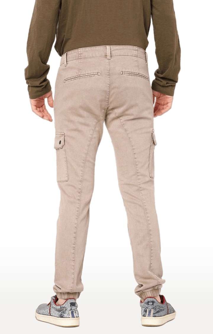 Men's Beige Cotton Solid Cargos