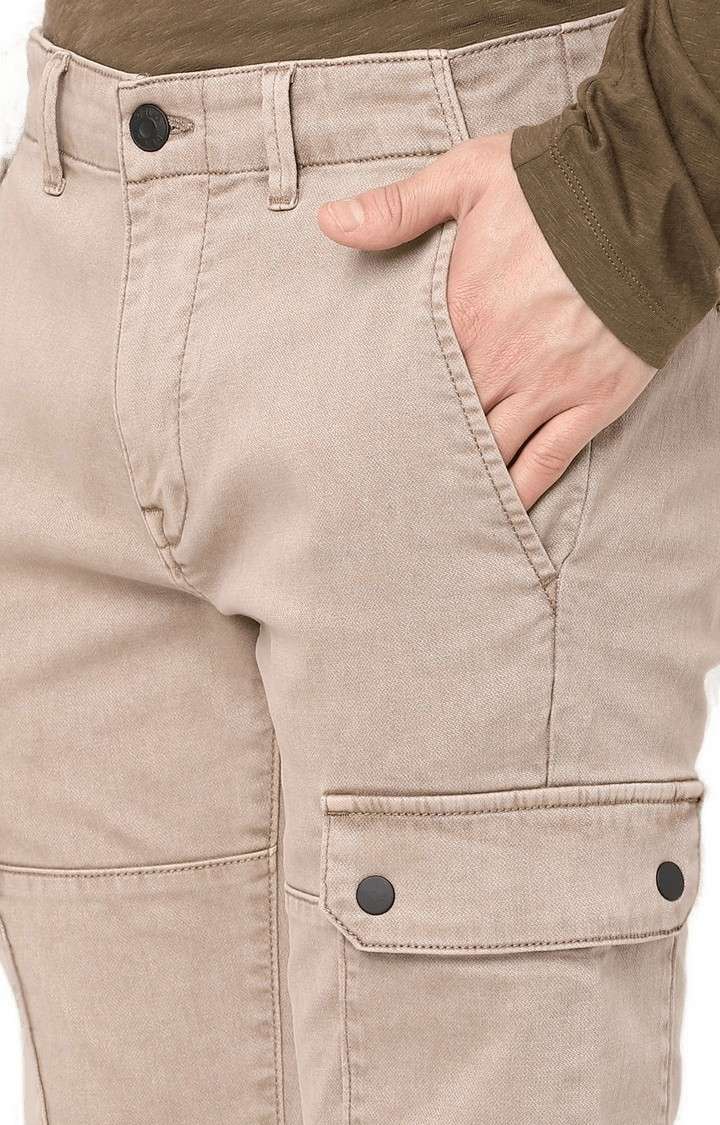 Men's Beige Cotton Solid Cargos