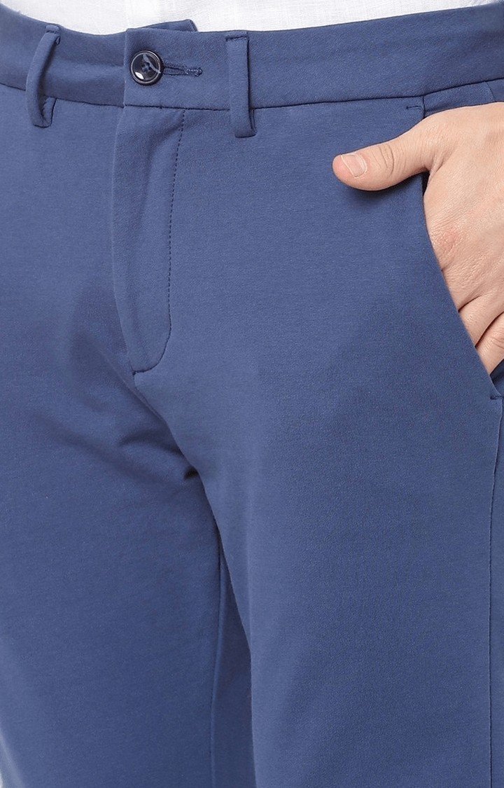 Men's Blue Cotton Solid Trousers