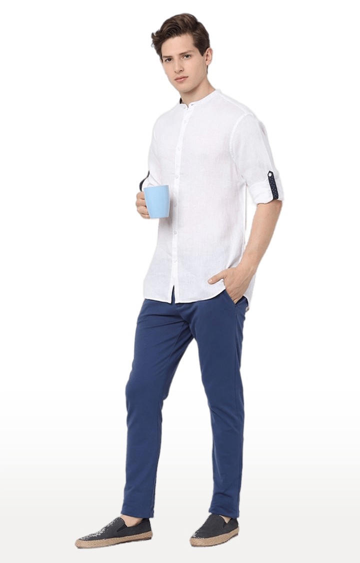 Men's Blue Cotton Solid Trousers