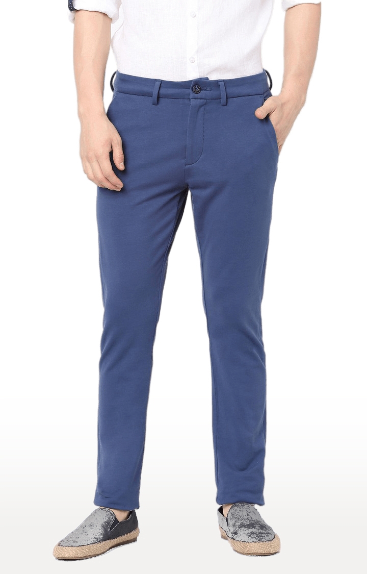 Men's Blue Cotton Solid Trousers