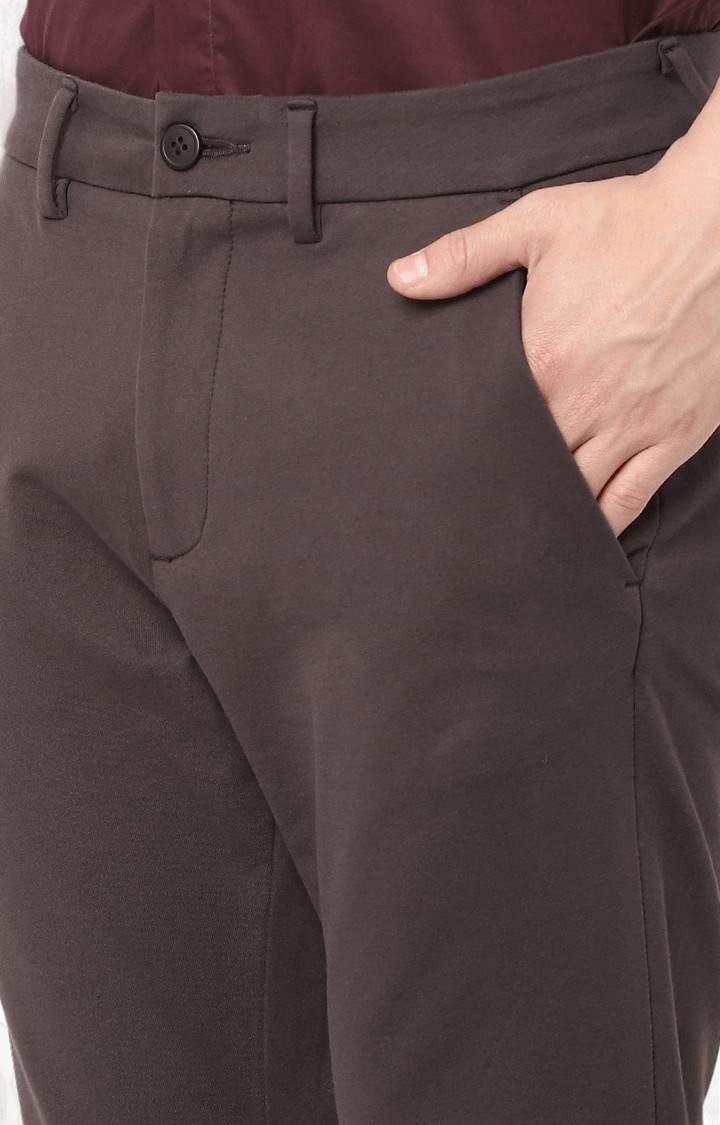 Men's Brown Cotton Solid Trousers