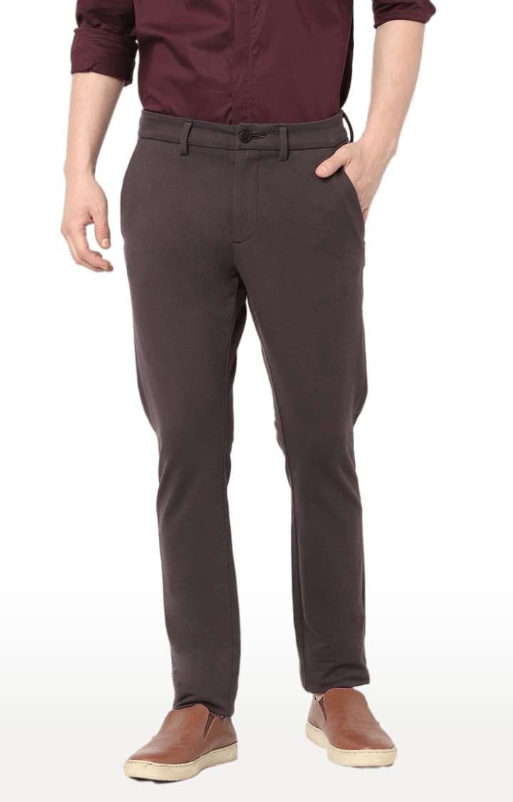 Men's Brown Cotton Solid Trousers