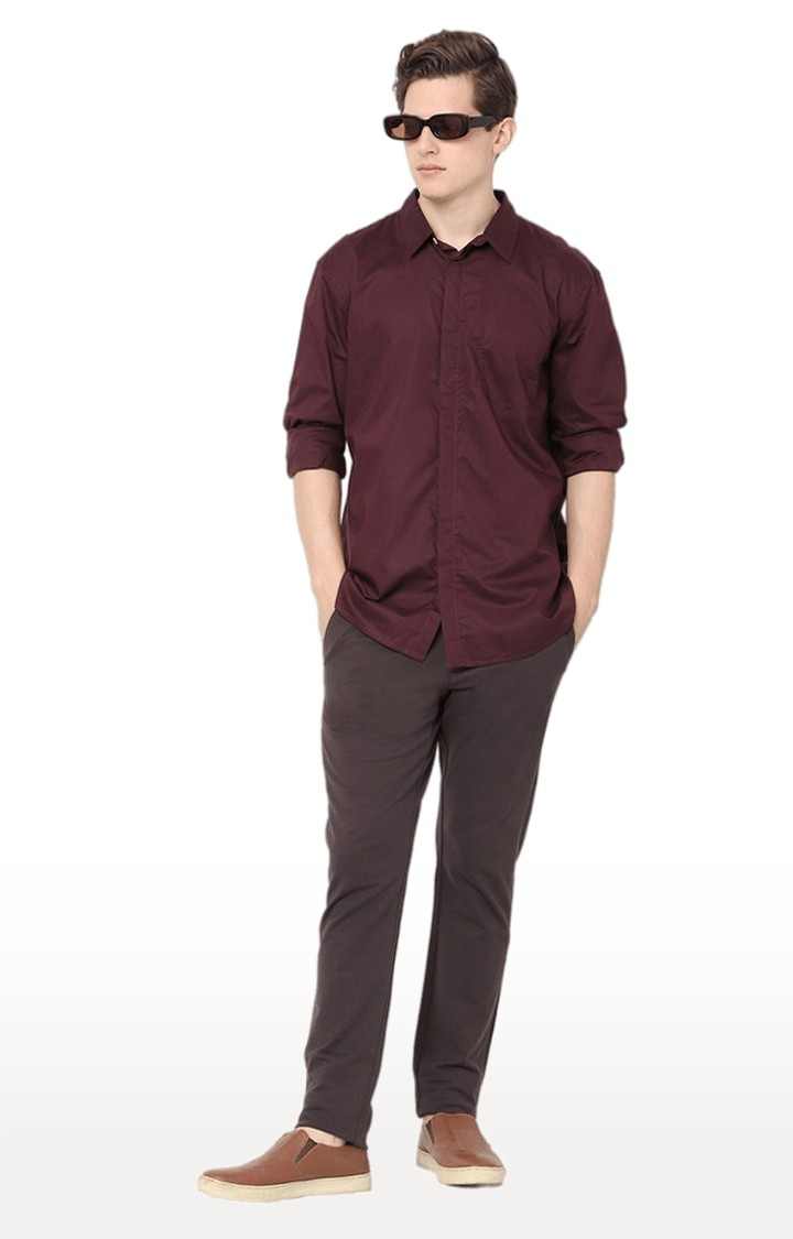 Men's Brown Cotton Solid Trousers