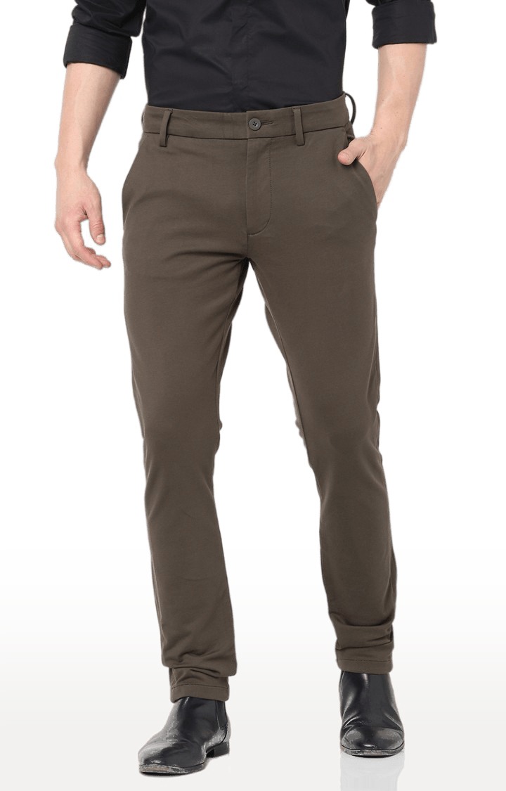 Men's Brown Cotton Solid Trousers