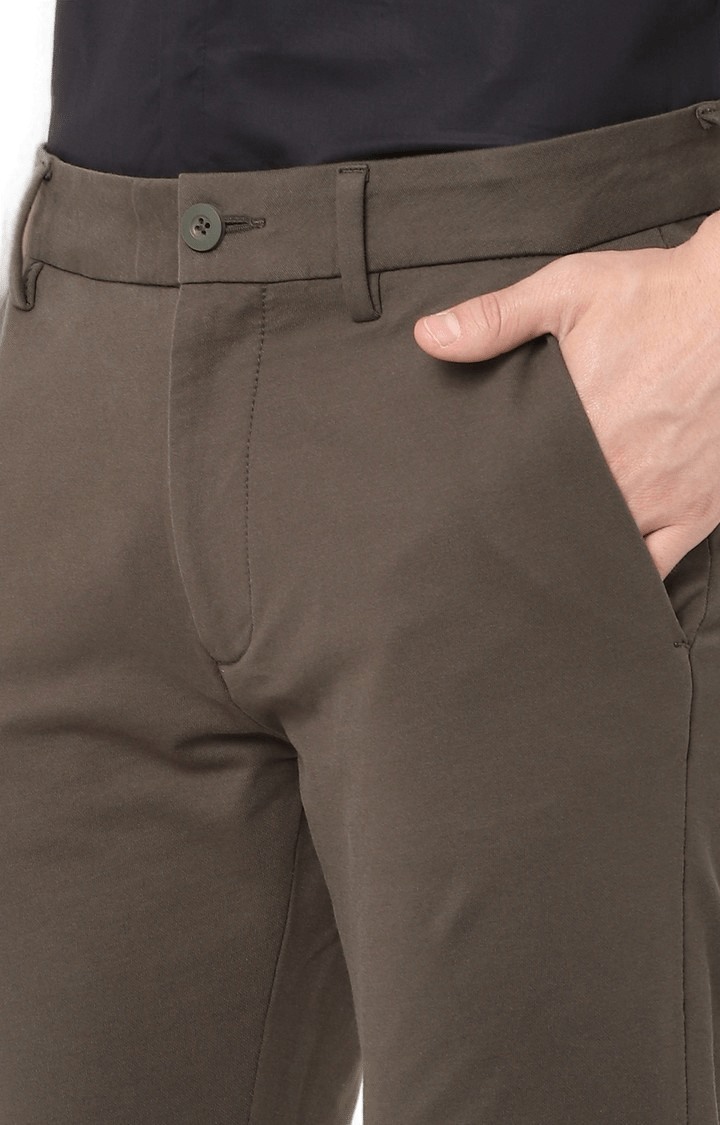 Men's Brown Cotton Solid Trousers