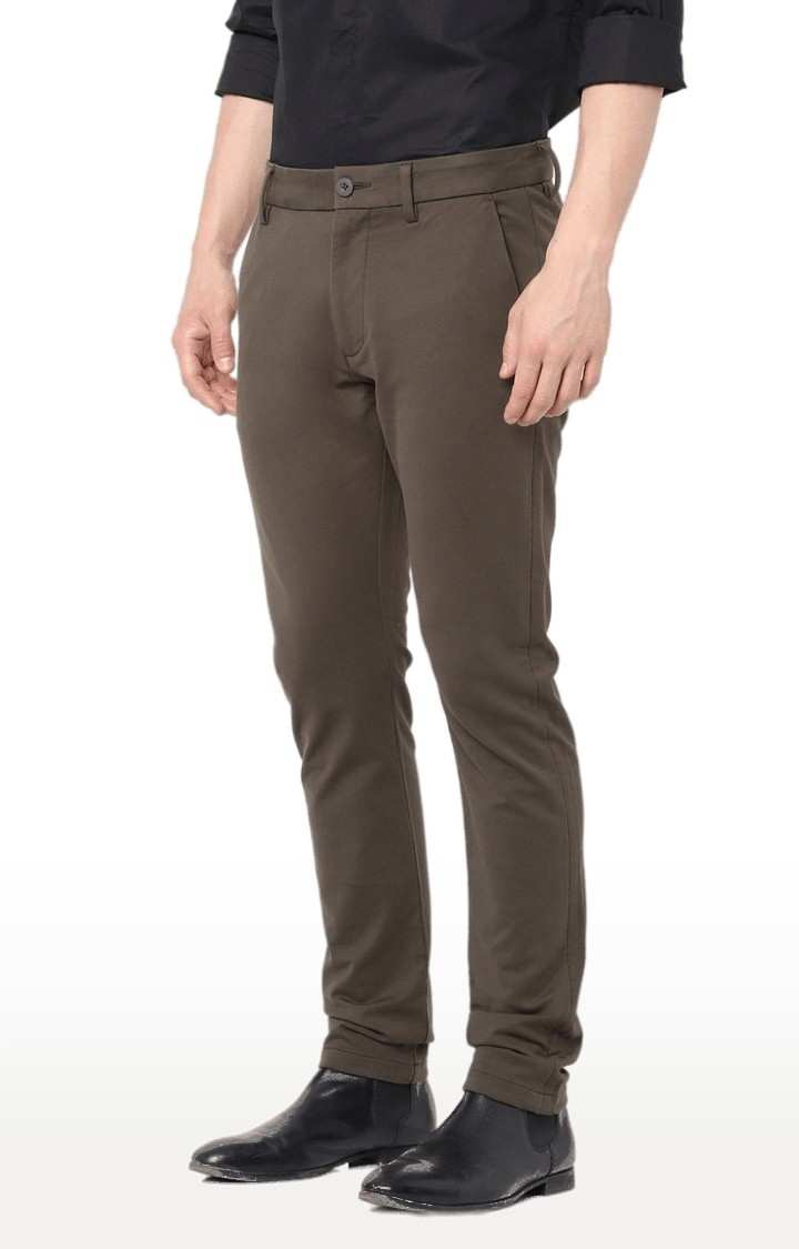 Men's Brown Cotton Solid Trousers