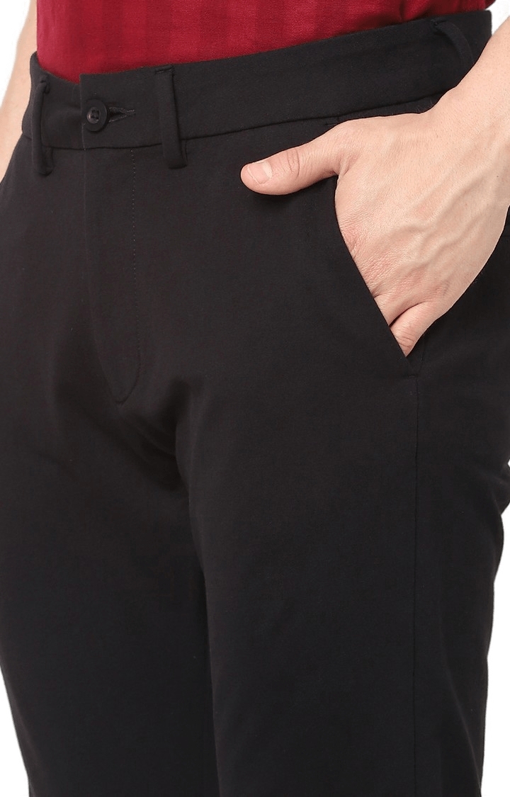 Men's Black Cotton Solid Trousers