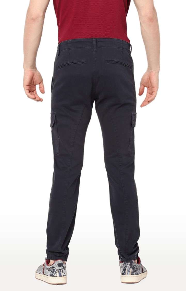 Men's Blue Cotton Solid Cargos