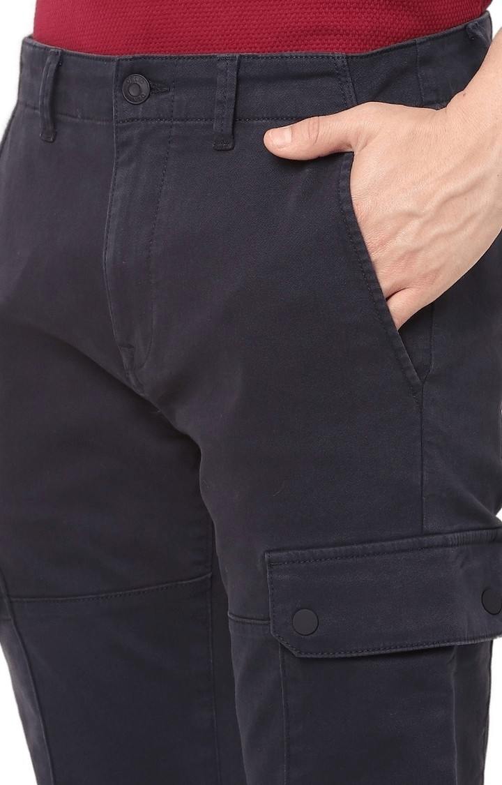 Men's Blue Cotton Solid Cargos
