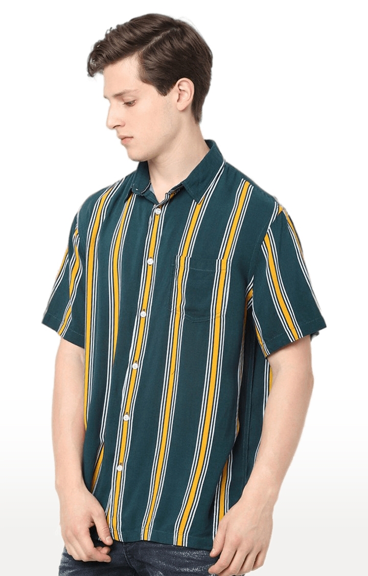 celio | Men's Green Striped Casual Shirts 3