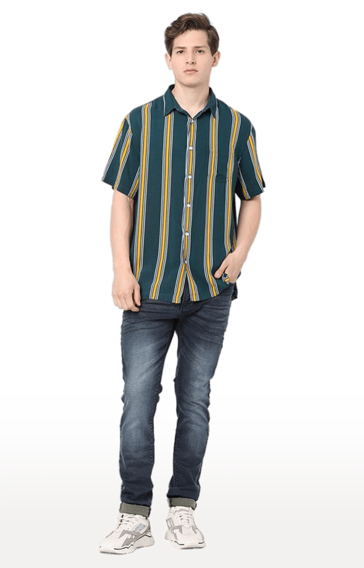 celio | Men's Green Striped Casual Shirts 1