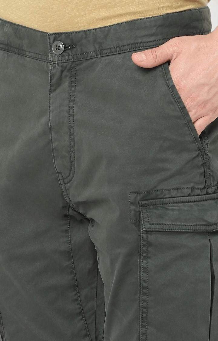 Men's Green Cotton Solid Cargos