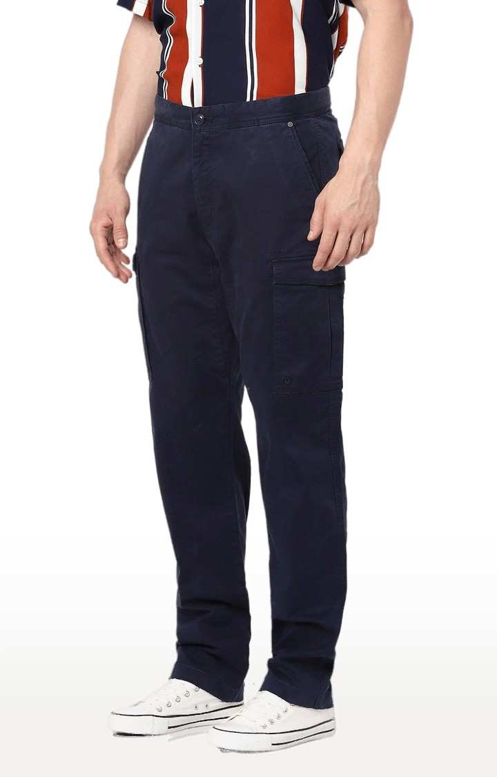 Men's Blue Cotton Solid Cargos
