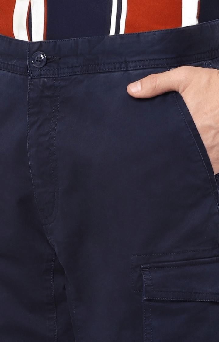 Men's Blue Cotton Solid Cargos