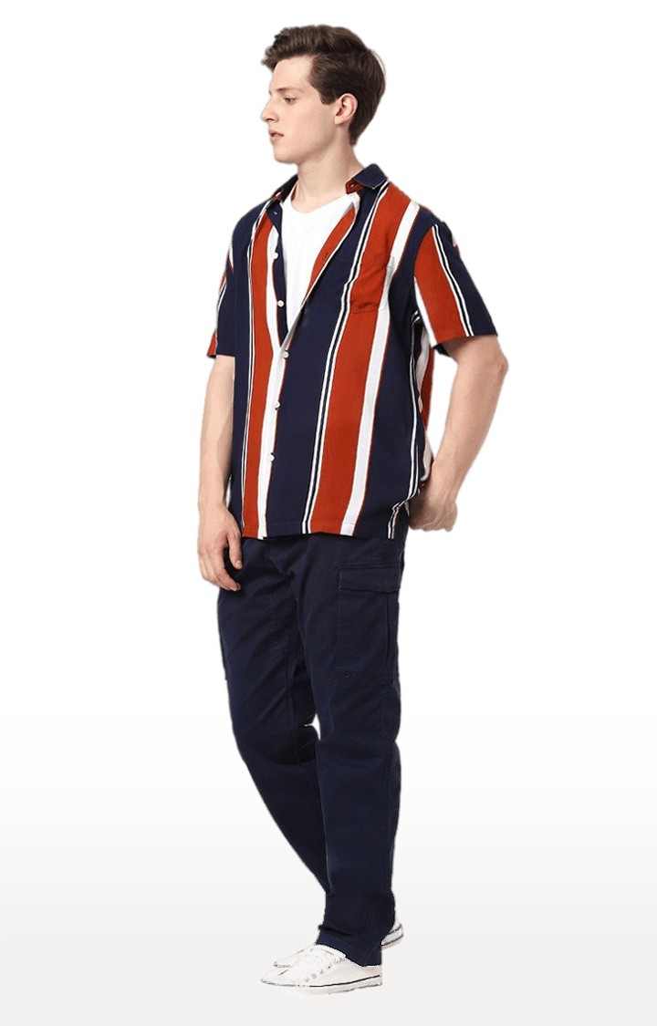 Men's Blue Cotton Solid Cargos