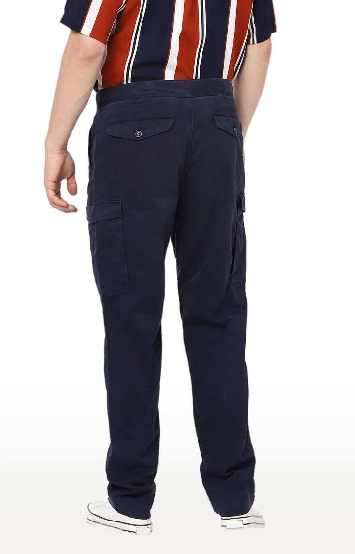 Men's Blue Cotton Solid Cargos