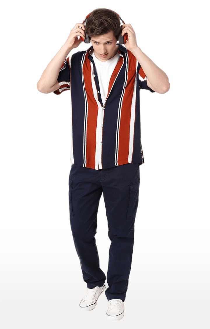 Men's Blue Cotton Solid Cargos