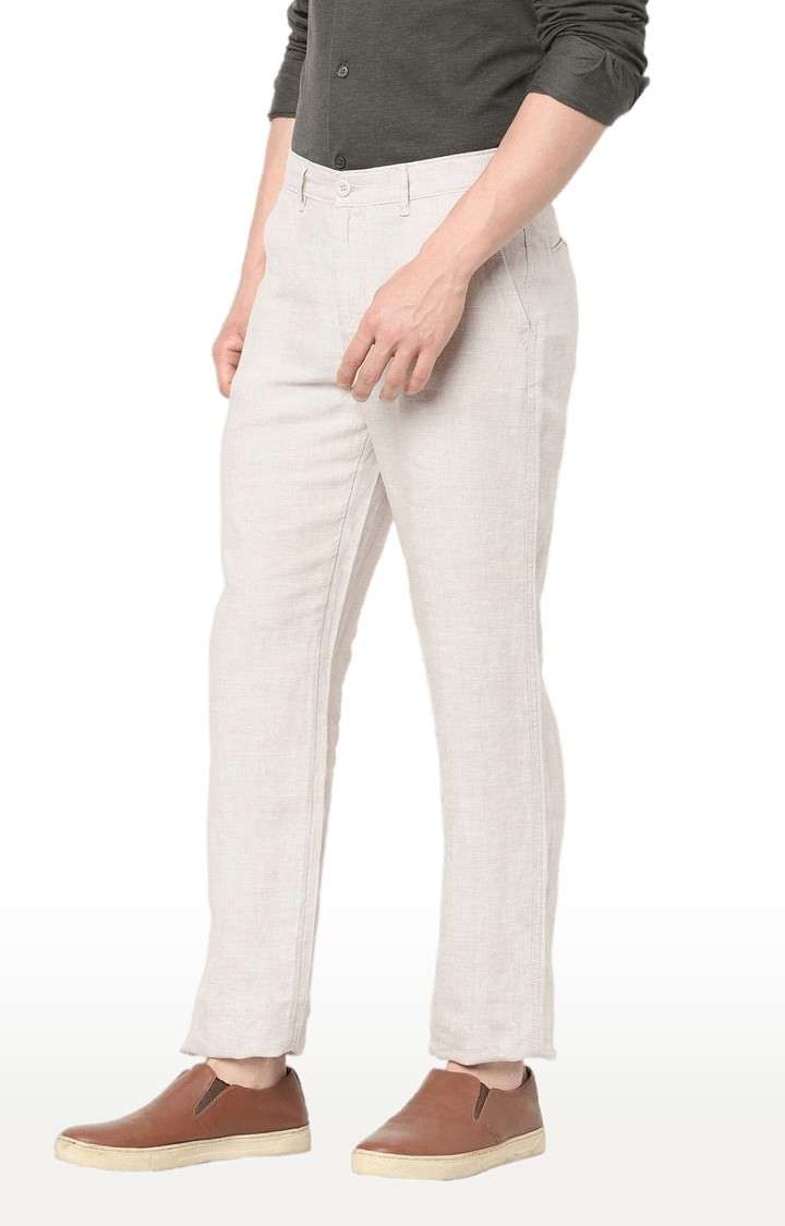 Men's Beige Linen Solid Trousers