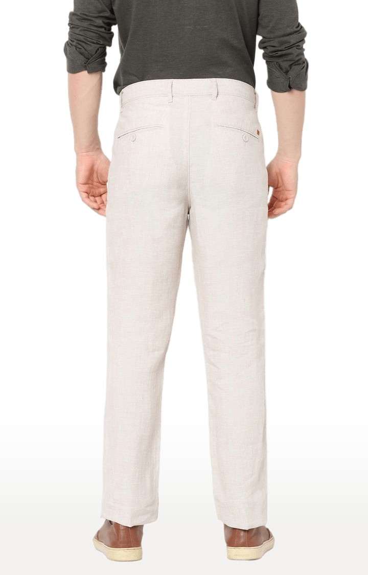 Men's Beige Linen Solid Trousers