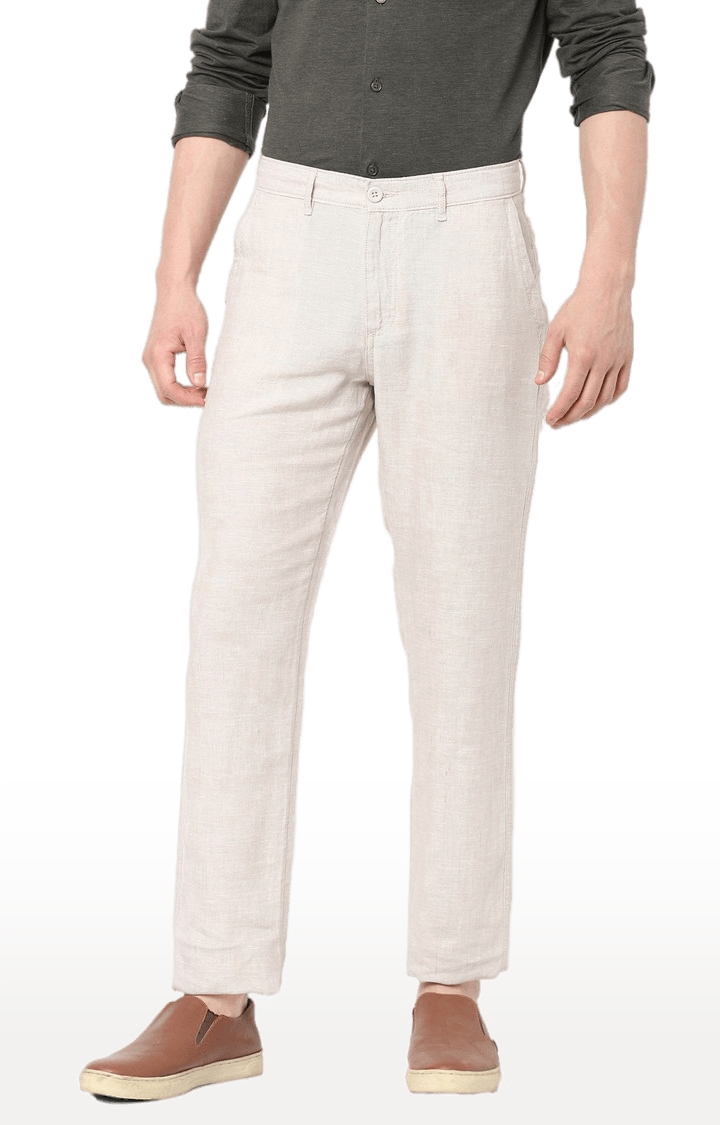 Men's Beige Linen Solid Trousers