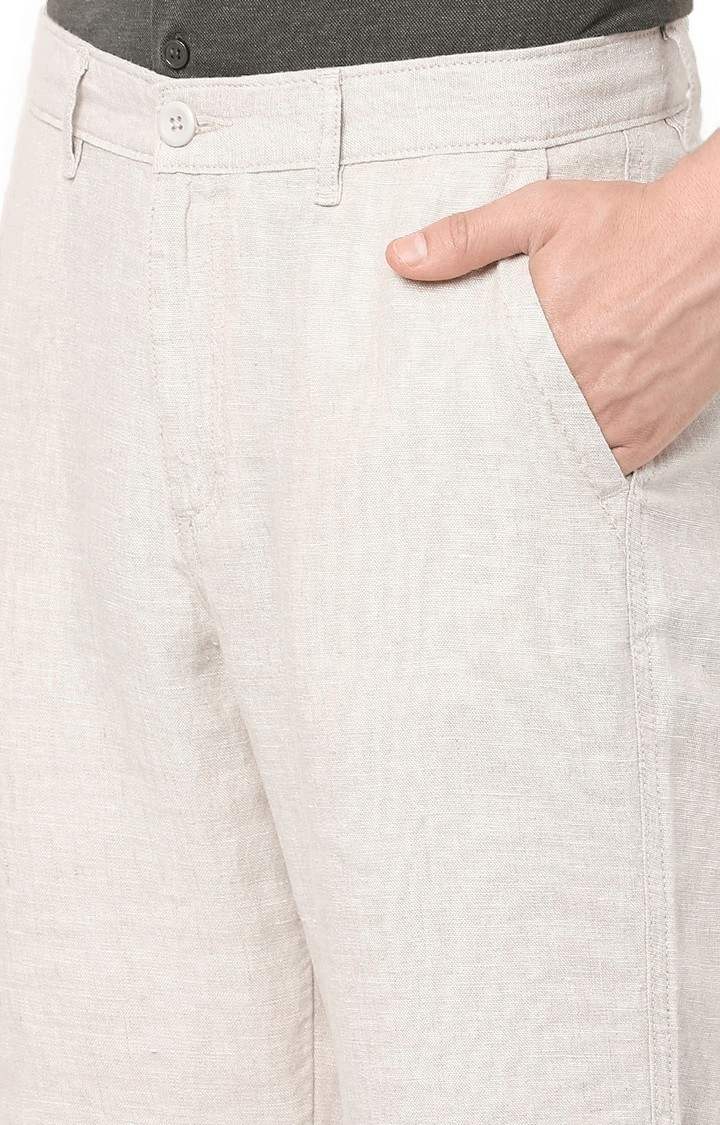 Men's Beige Linen Solid Trousers