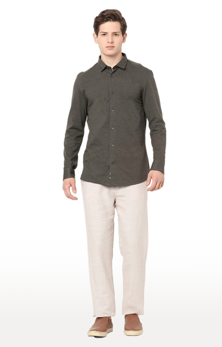 celio | Men's Beige Linen Solid Trousers 1