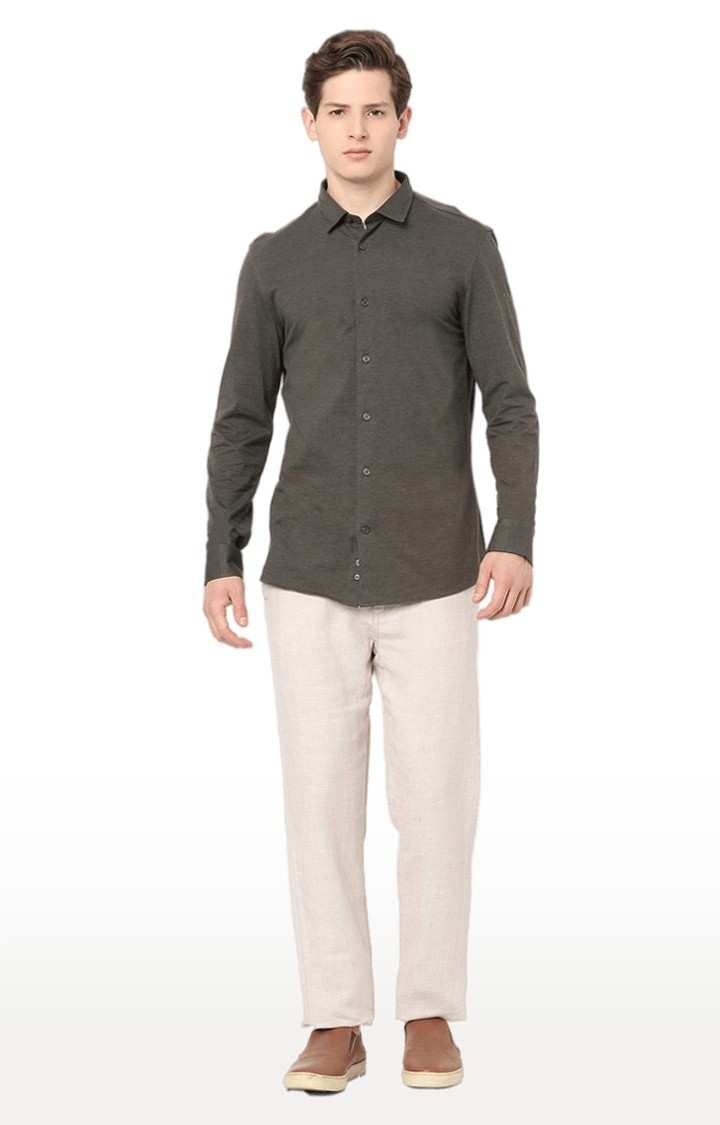 Men's Beige Linen Solid Trousers