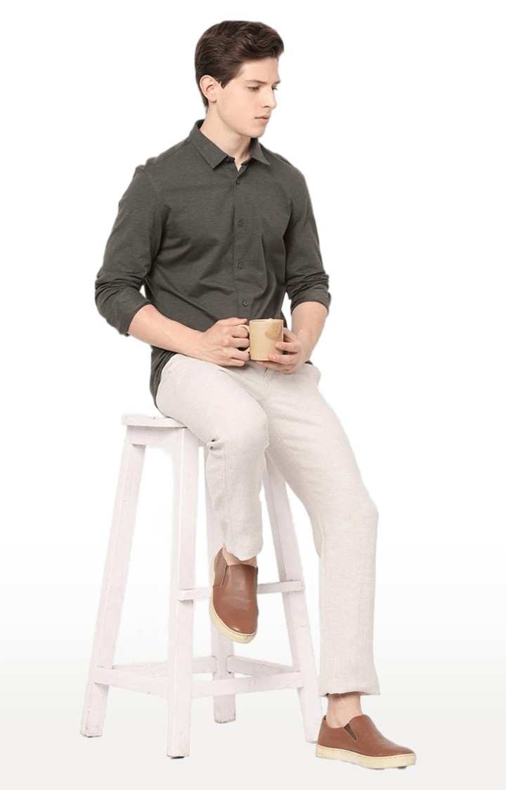 Men's Beige Linen Solid Trousers