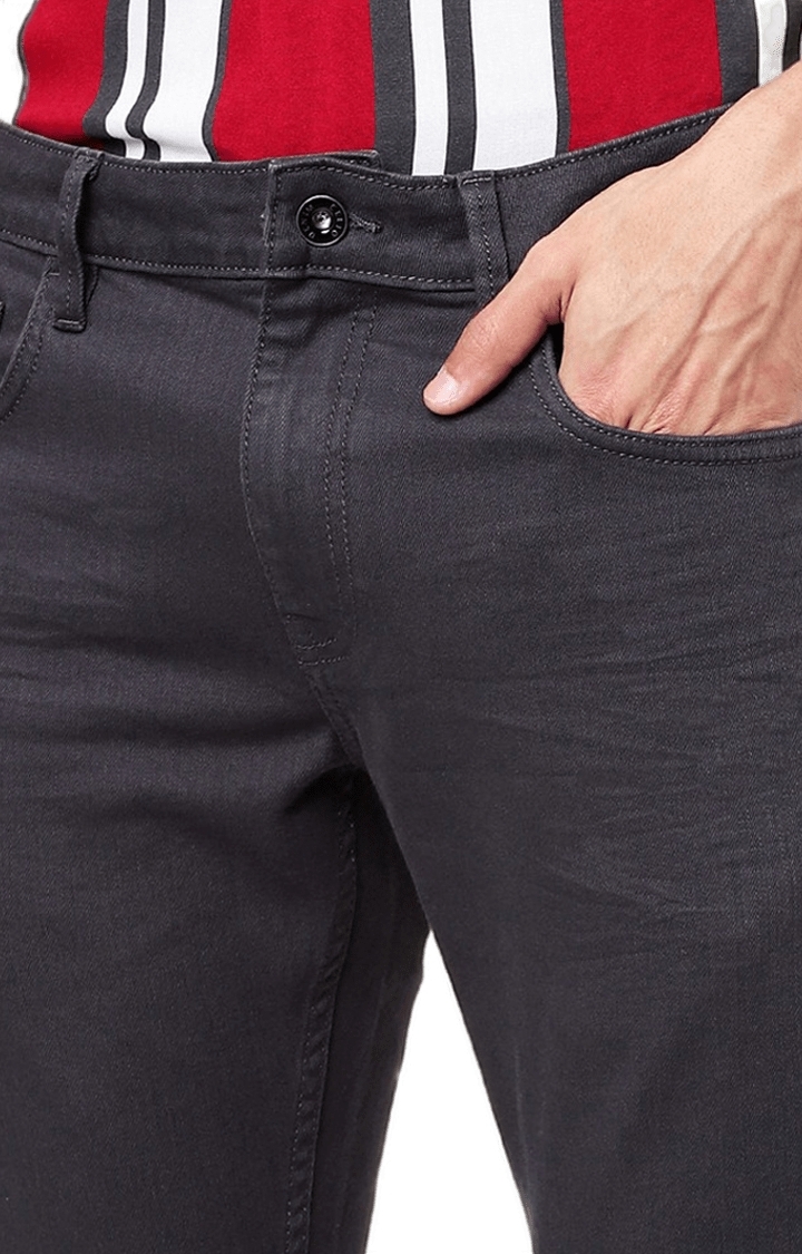Men's Grey Cotton Blend Solid Slim Jeans