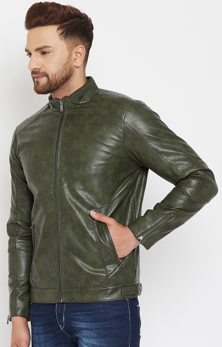 Crimsoune Club | Green Solid Leather Jacket 3