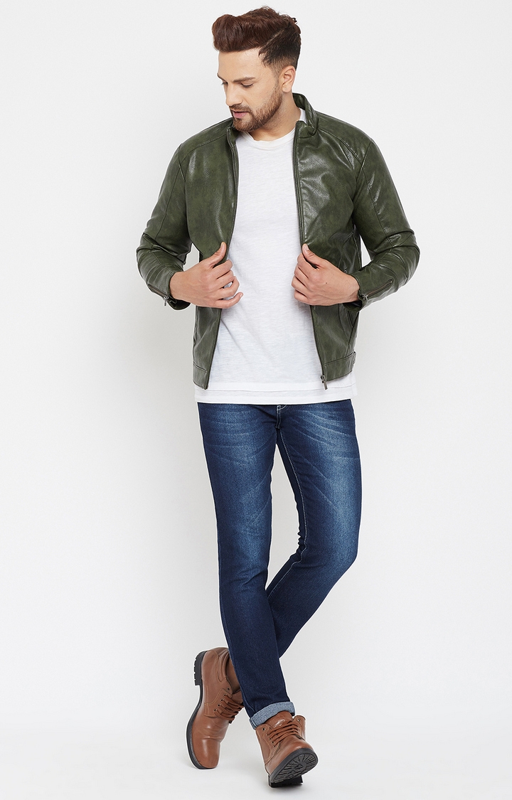 Crimsoune Club | Green Solid Leather Jacket 1