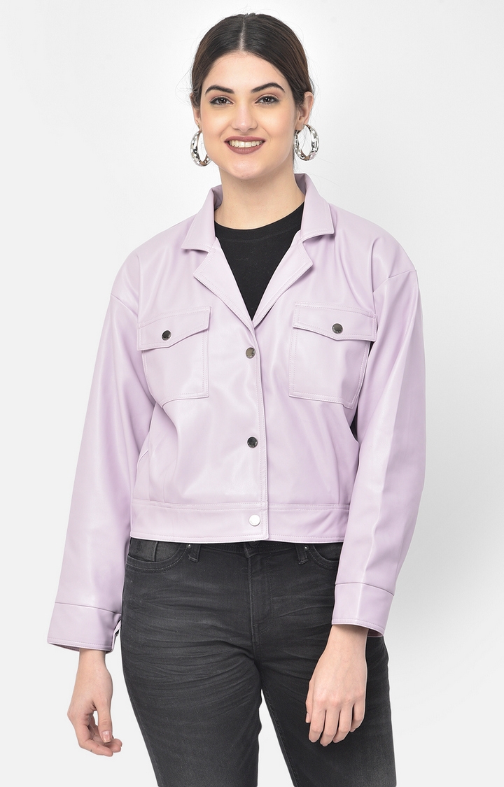 Women's Solid Purple Shirt Collar Jacket