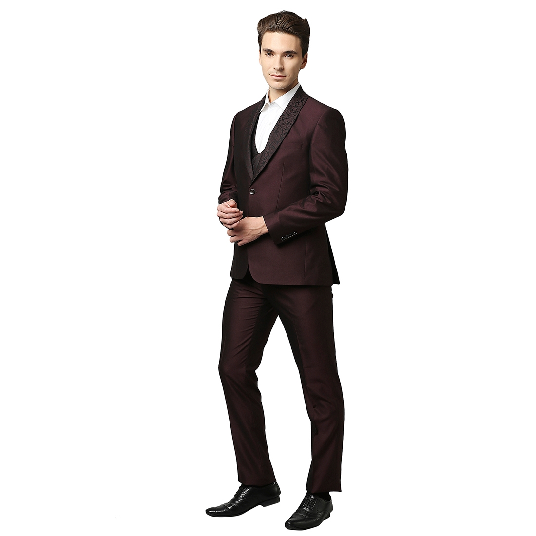 Maroon suit groom fashion, slim fit Mario Moreno Moyano