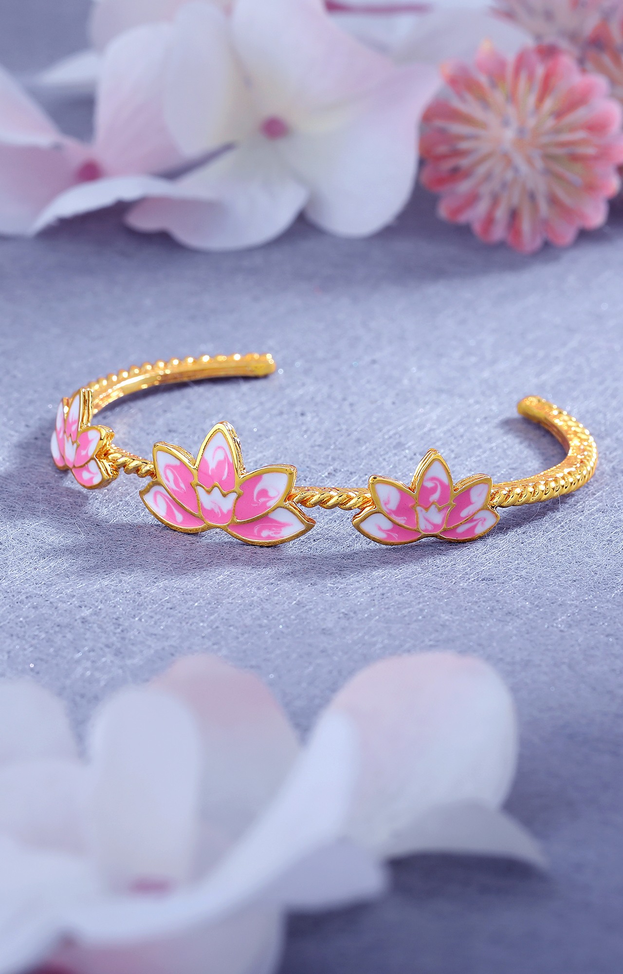 Estele Gold Plated Charming Lotus Designer Cuff Bracelet with Pink Enamel for Girl's & Women