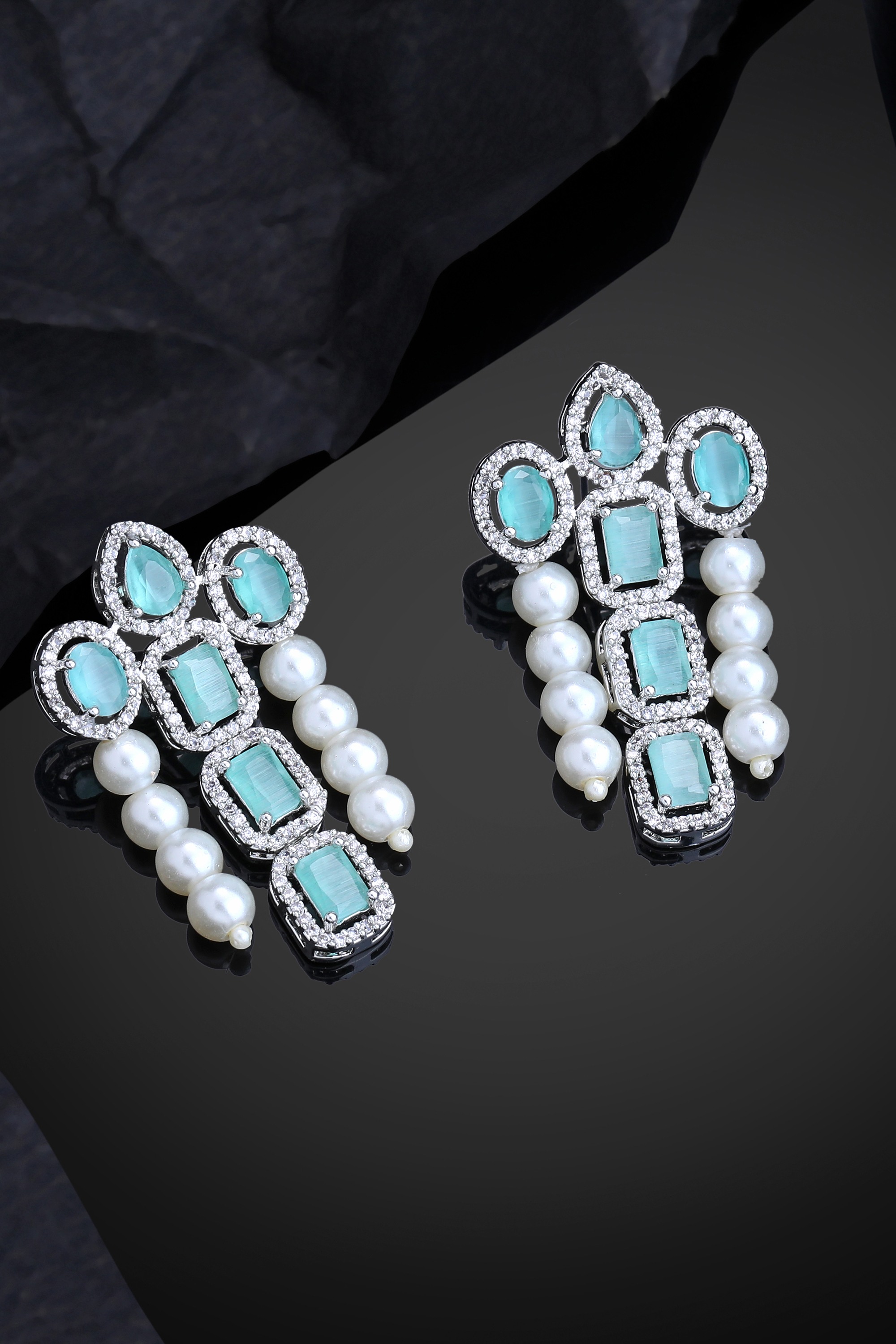Estele Rhodium Plated CZ Astonishing Drop Earrings with Mint Green Stones & Pearls for Women
