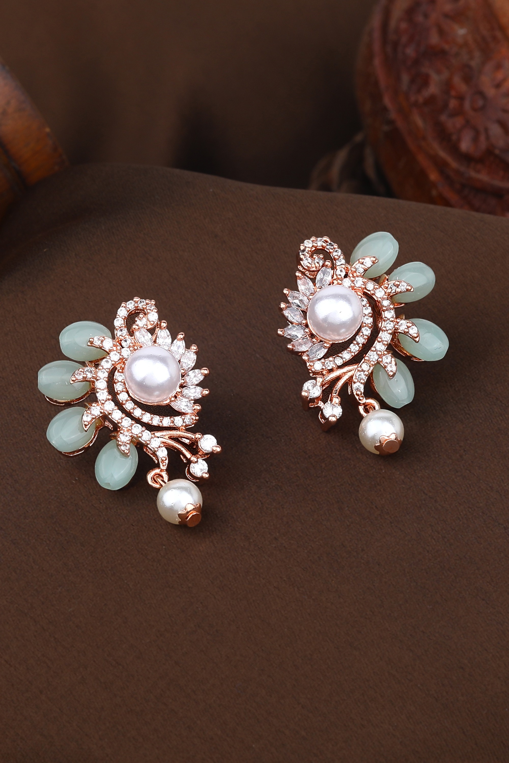 Estele Rosegold Plated Sophisticated Flower Pattern Pearl Drop Earrings with Mint Green Beads for Women|Perfect Blend of Style and Grace