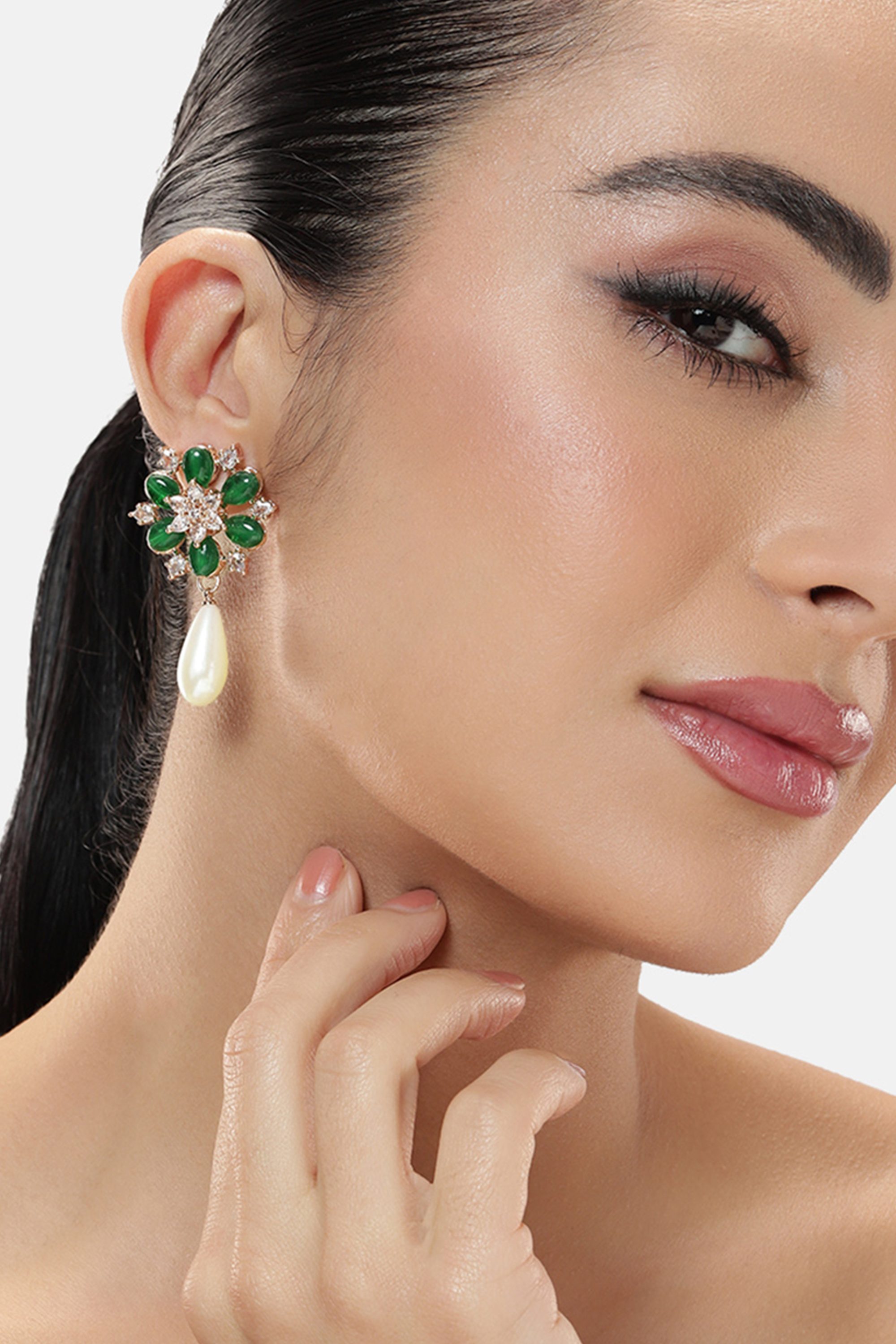 Estele Rosegold Plated Sophisticated Pearl Drop Earrings for Women: Graceful Flower Pattern with Colorful Beads for Everyday Elegance