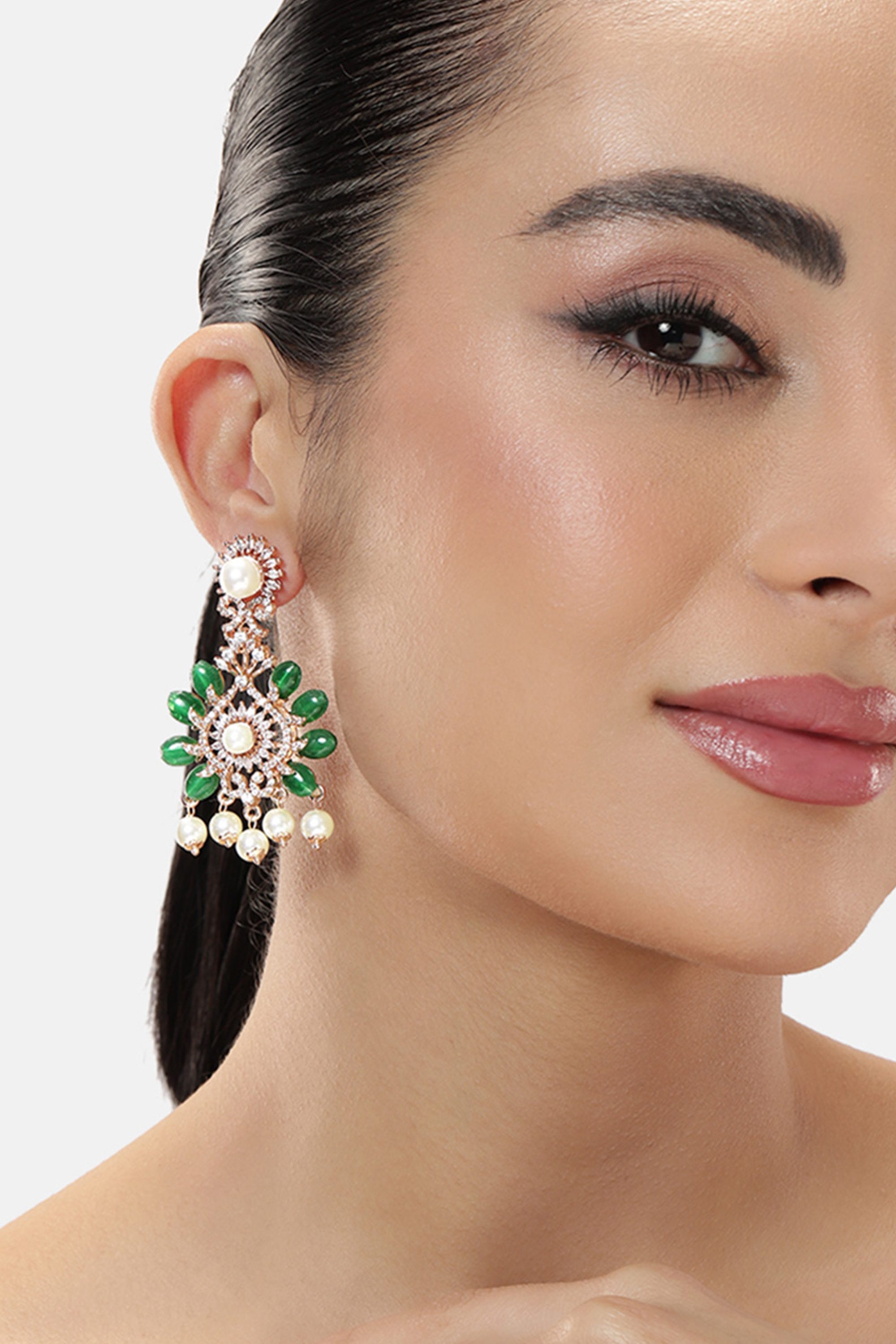 Estele Rosegold Plated Luxurious Green Beads Adorned Dangler Earrings for Women|Vintage-Inspired Jewelry for a Classic Touch