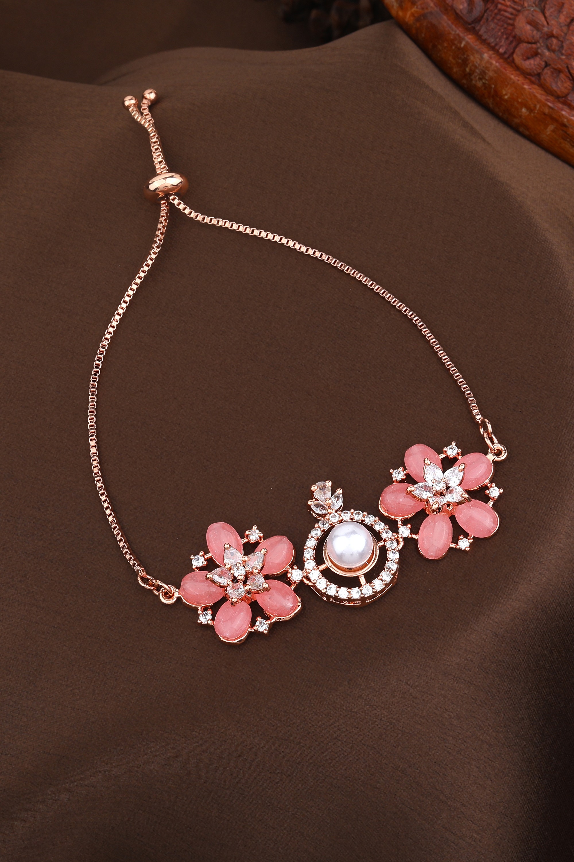 Estele Rosegold Plated Modern Minimlistic Floral Beaded Adjustable Varya Bracelet with Mint Pink Beads for Women|A Stylish Accessory for Modern Women