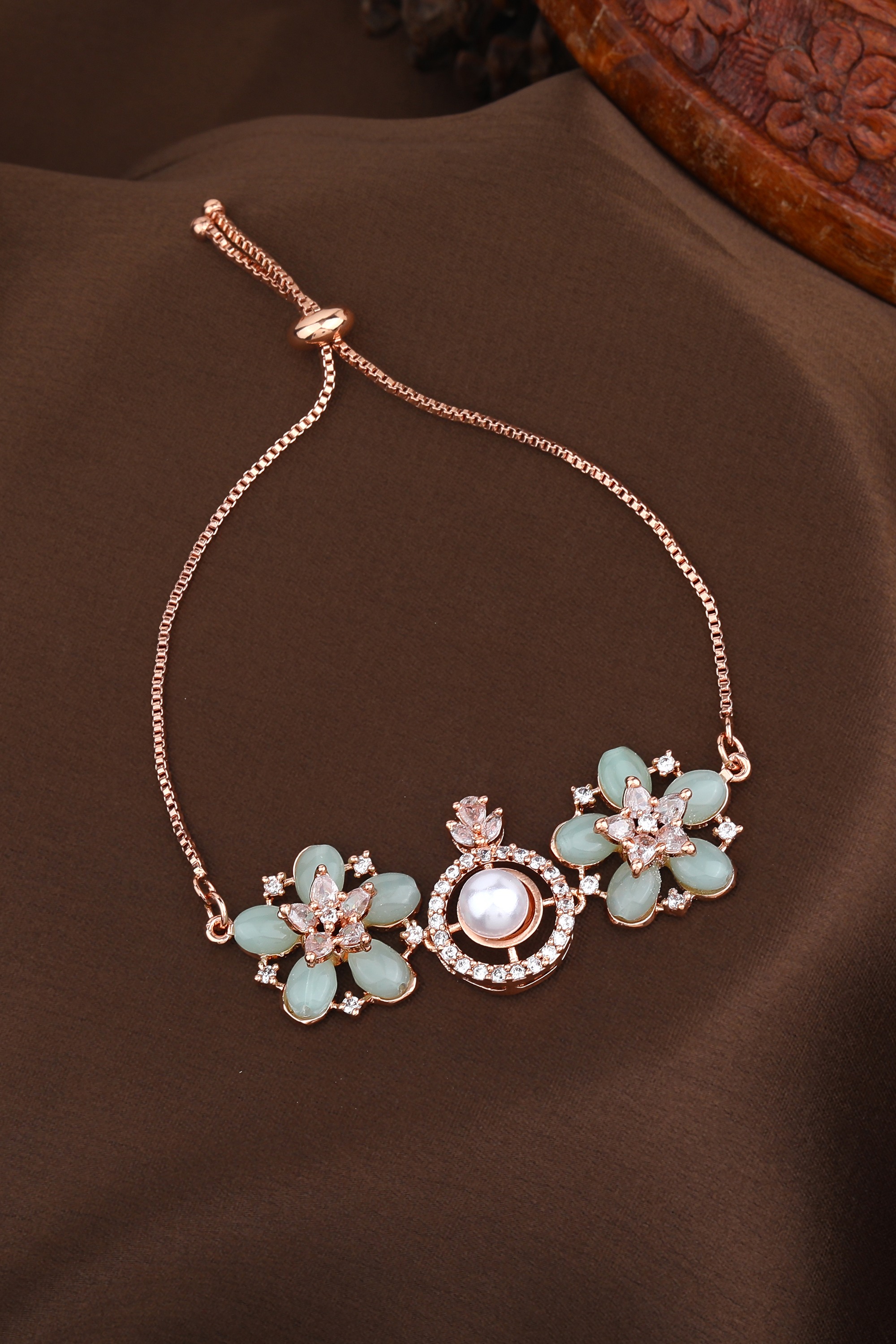 Estele Rosegold Plated Stylish Floral Design Lightweight Adjustable Charm Bracelet with Mint Green Beads for Women