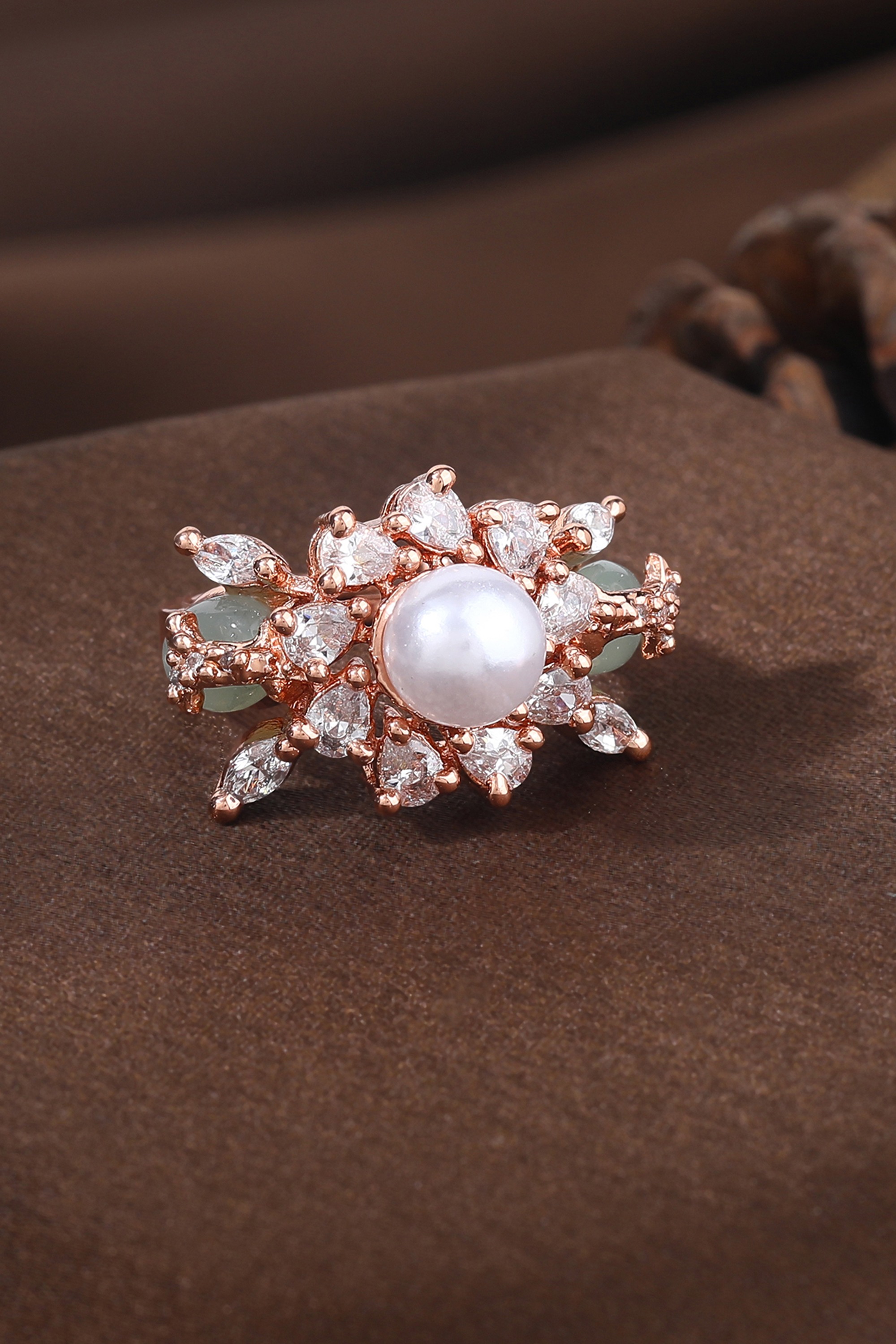 Estele Rosegold Plated Stunning Mint Green Beads Enhanced Adjustable Finger Ring|Trendy and Versatile Jewelry for Women